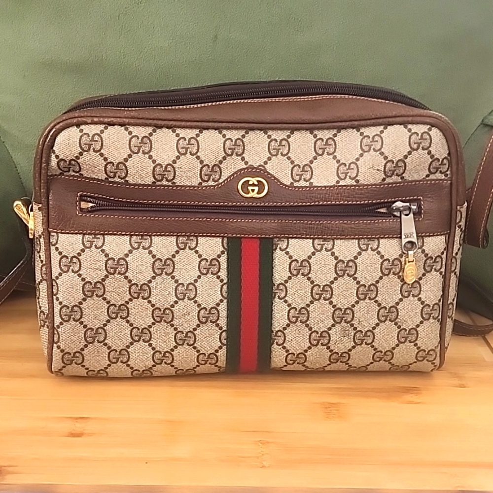 GUCCI Logo Sherry GG Pattern Shoulder Bag PVC Leather Brown Gold Italy